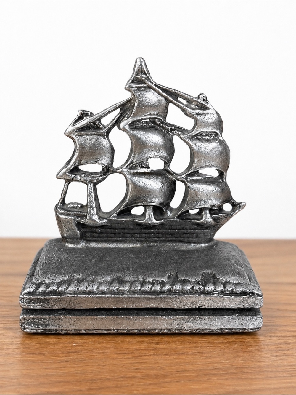 Vintage Cast Metal Sailing Ship Nautical Paperweight Silver Tone Coastal Decor